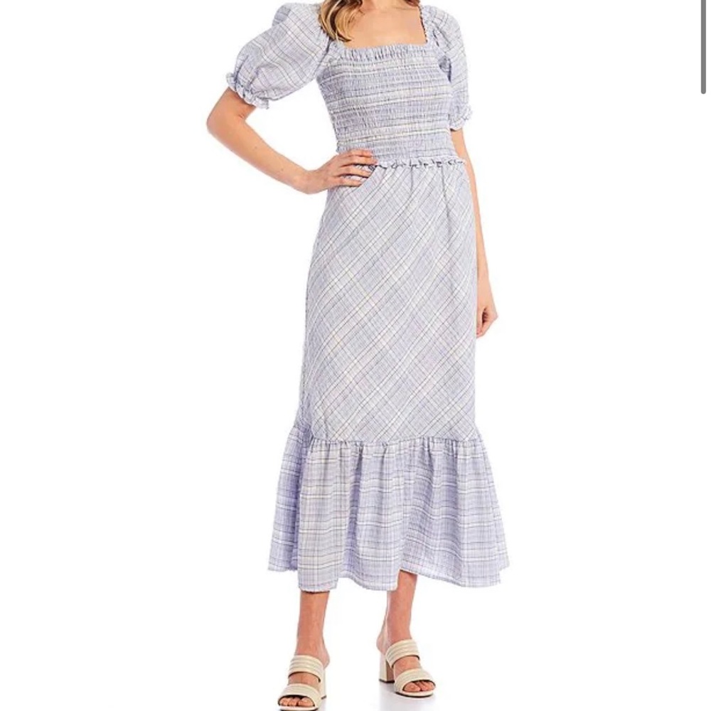 GB Plaid Square Neck Puff Sleeve Maxi Dress